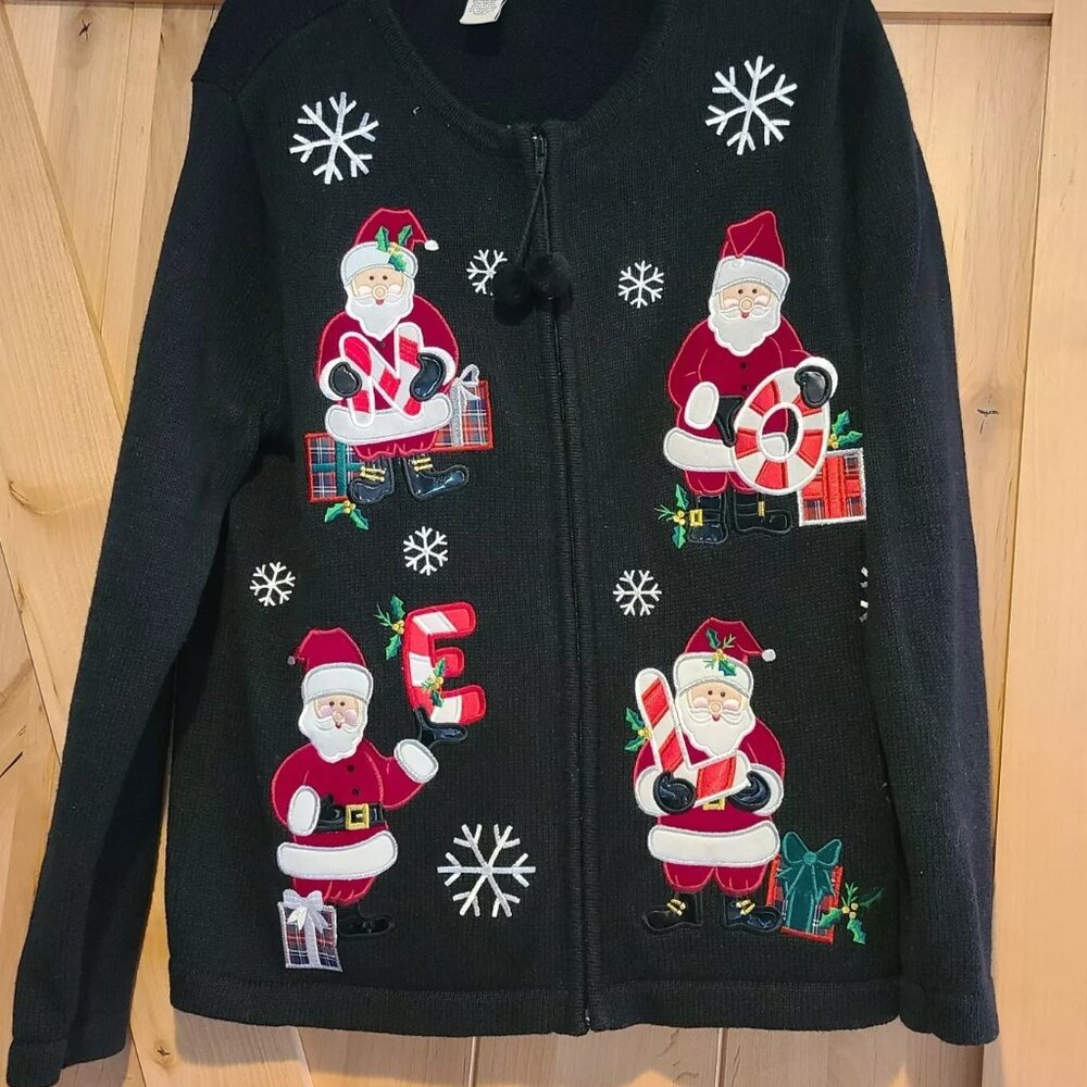Bechamel Women Sz L Black Christmas Sweater Presents Zip Holiday Santa Cardigan